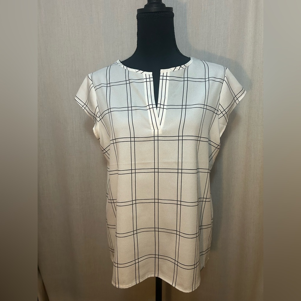Elegant White and Black Checkered Blouse